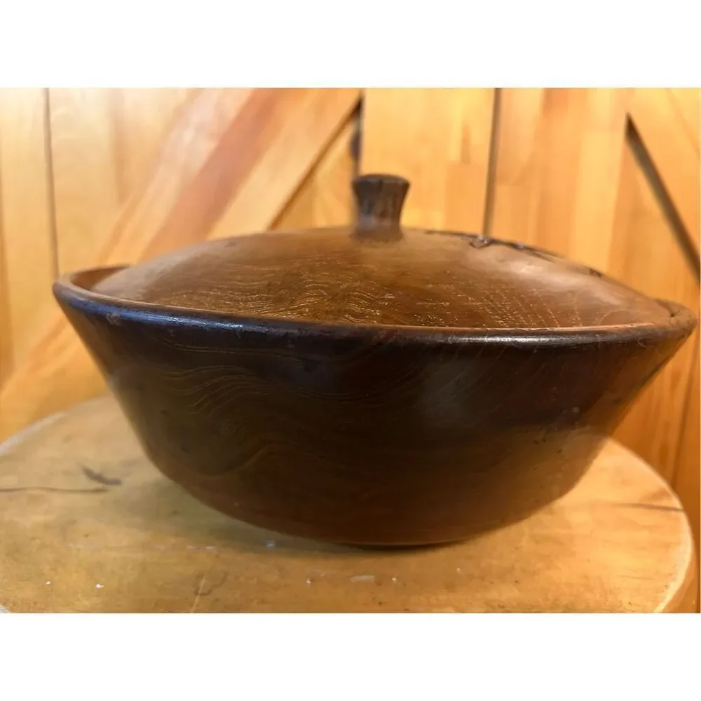 Vintage wood carved bowl with lid floral (7701)